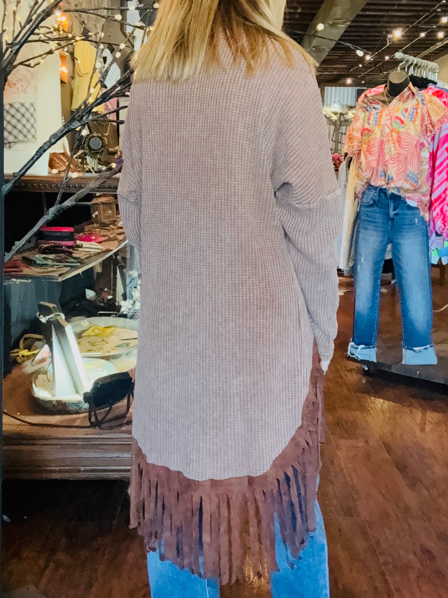 Waffle Knit Suede Fringe Top
