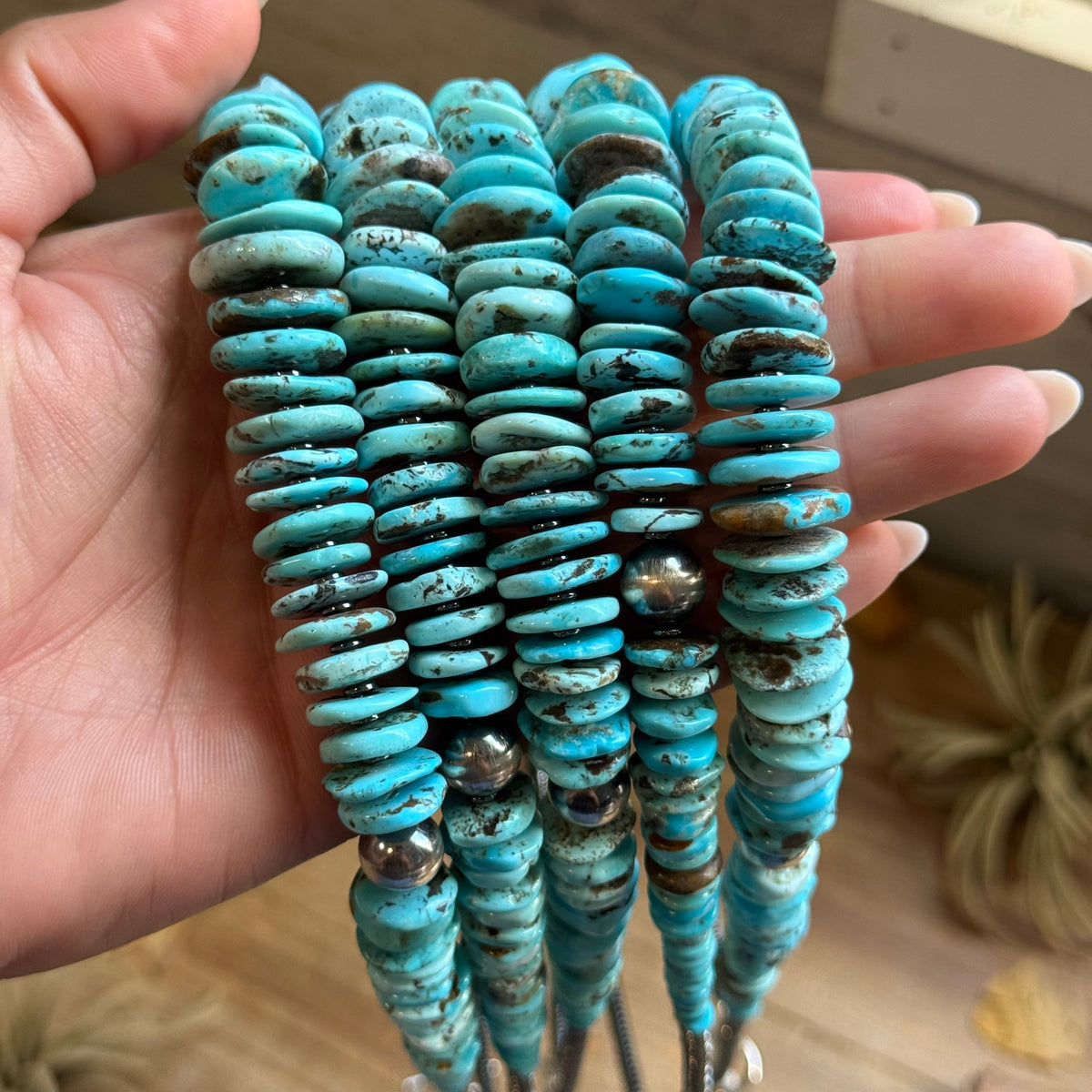 23” Ice Blue Turquoise Graduated Necklace – Sterling Silver & Hematite