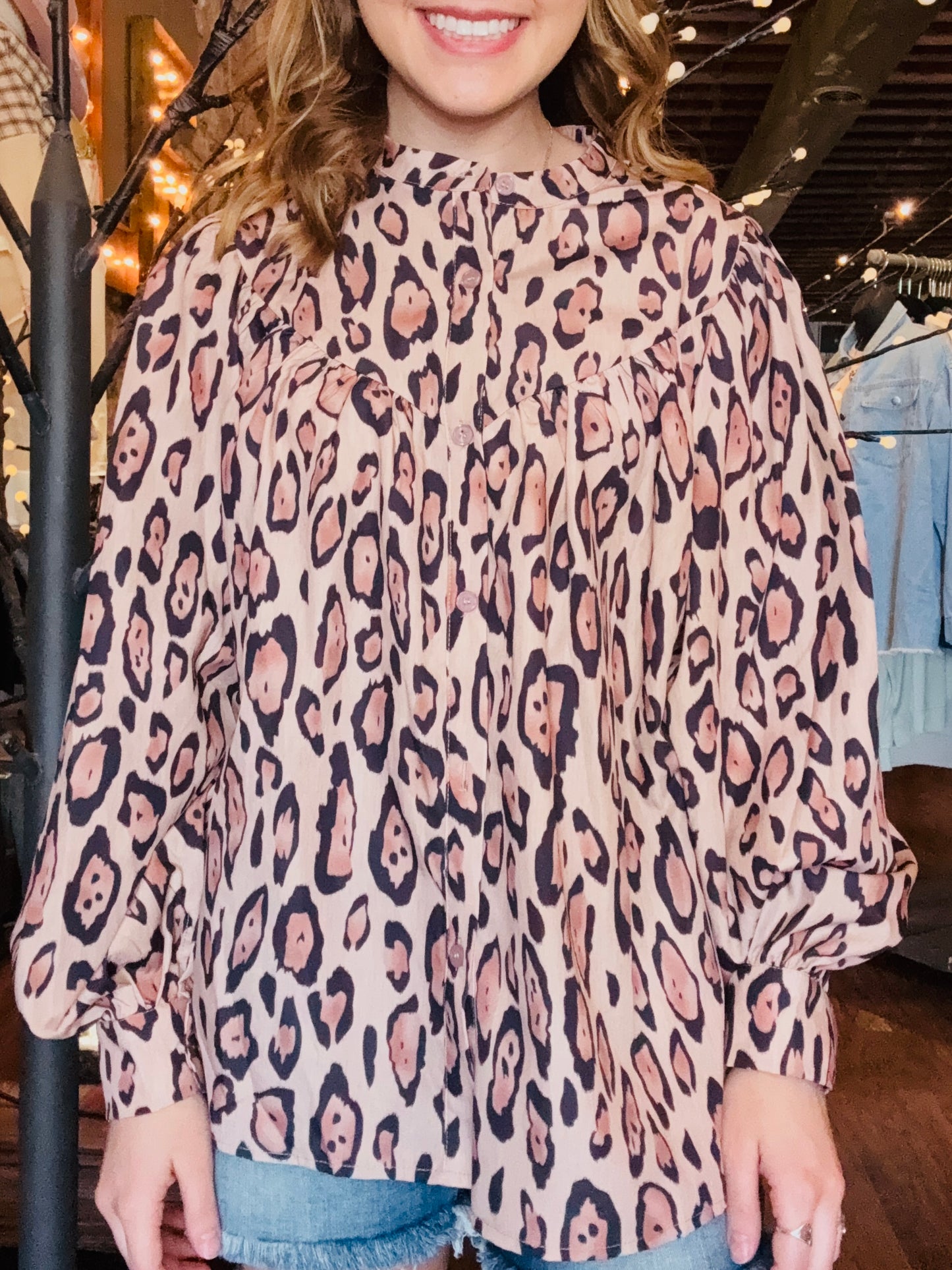 Leopard Balloon Sleeve Buttoned Shirt