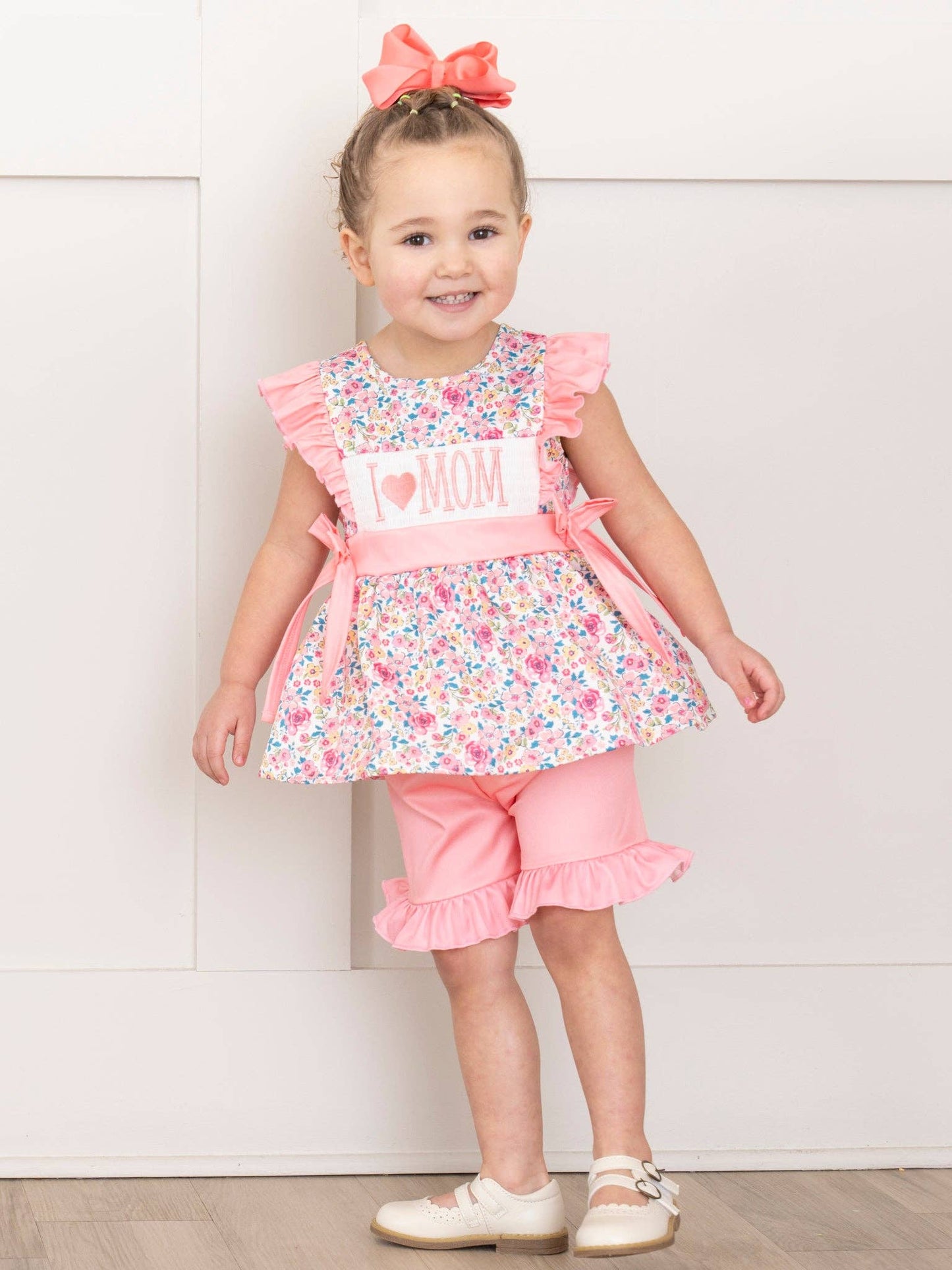 Coral Floral "I Love Mom" Smocked Outfit