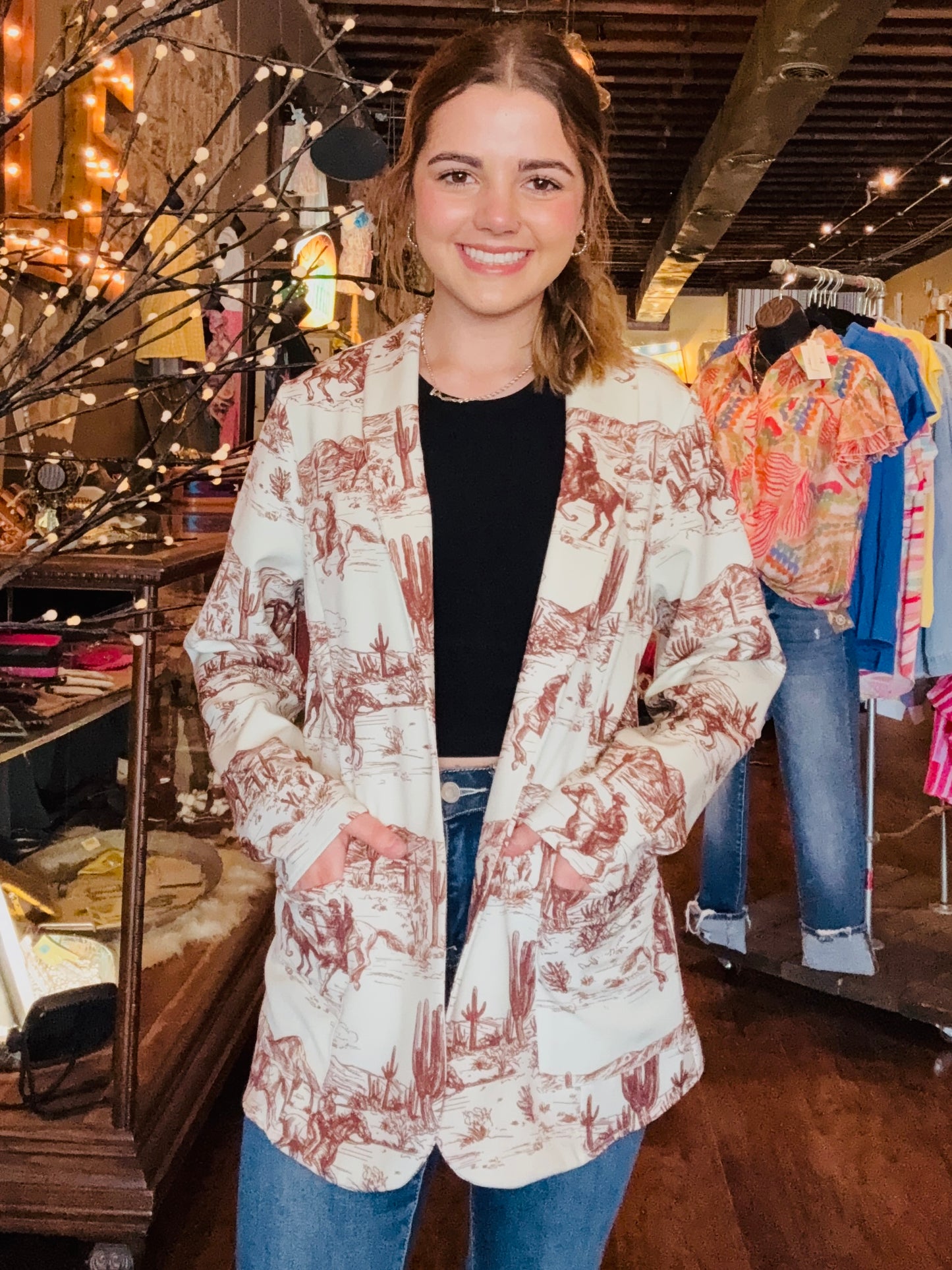 AV1227-ZOE WESTERN PRINT WOVEN BLAZER