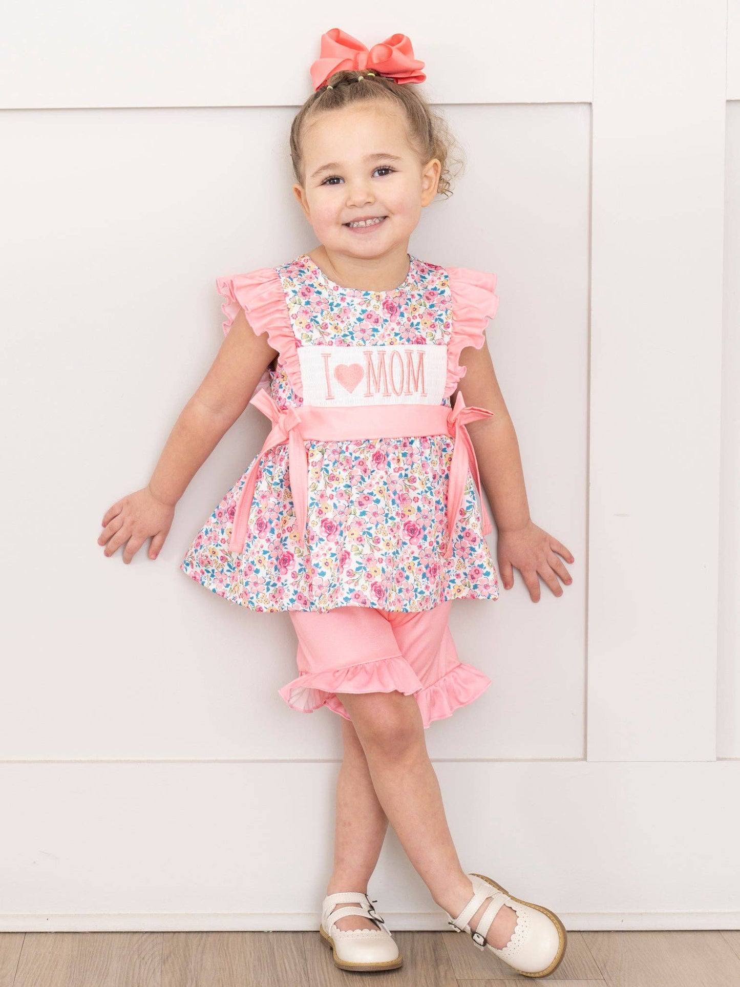 Coral Floral "I Love Mom" Smocked Outfit