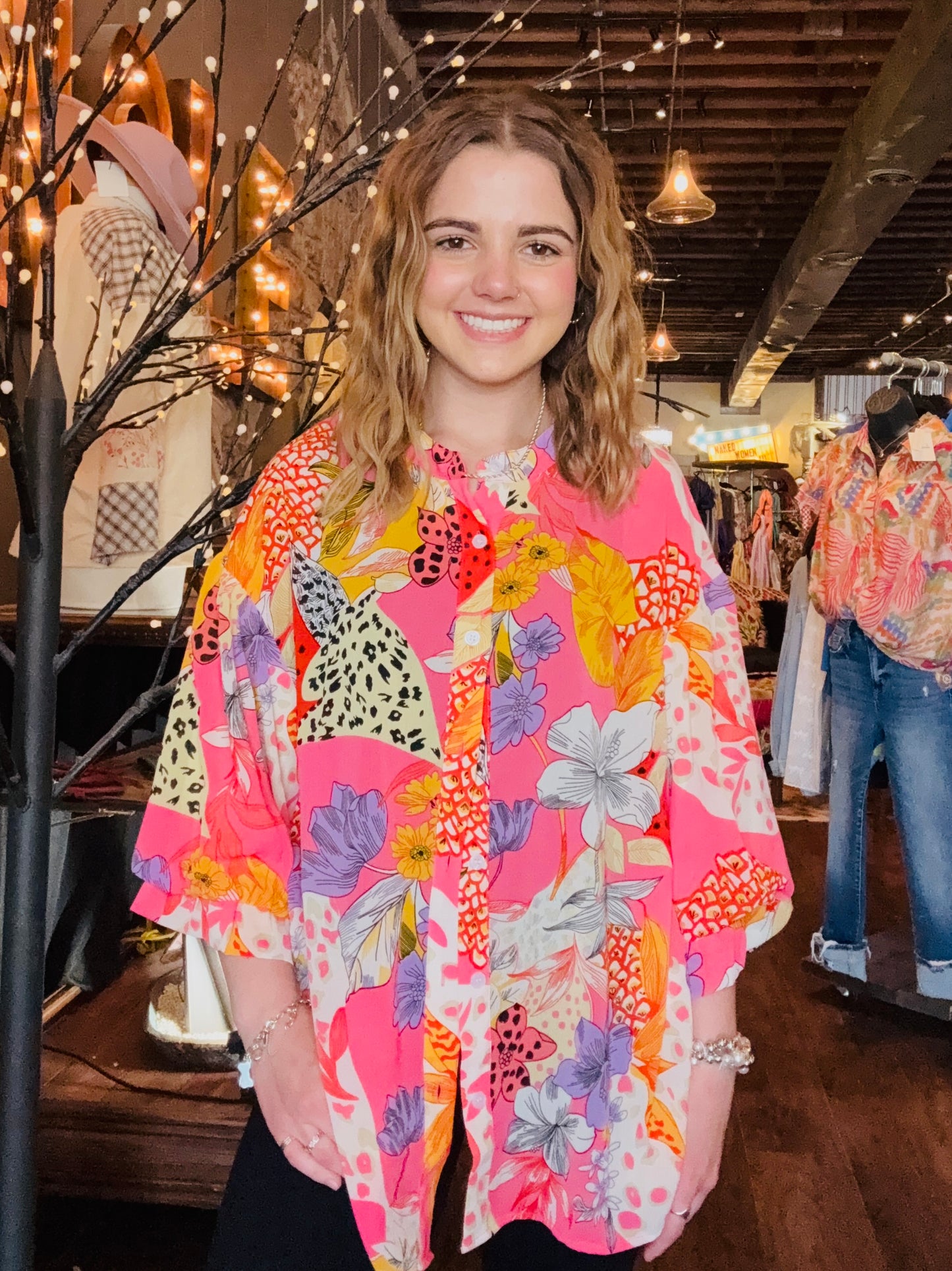 Abstract Floral Bubble Sleeve Shirt