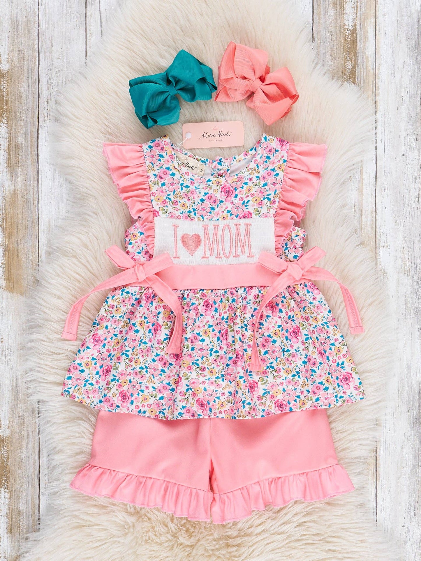Coral Floral "I Love Mom" Smocked Outfit