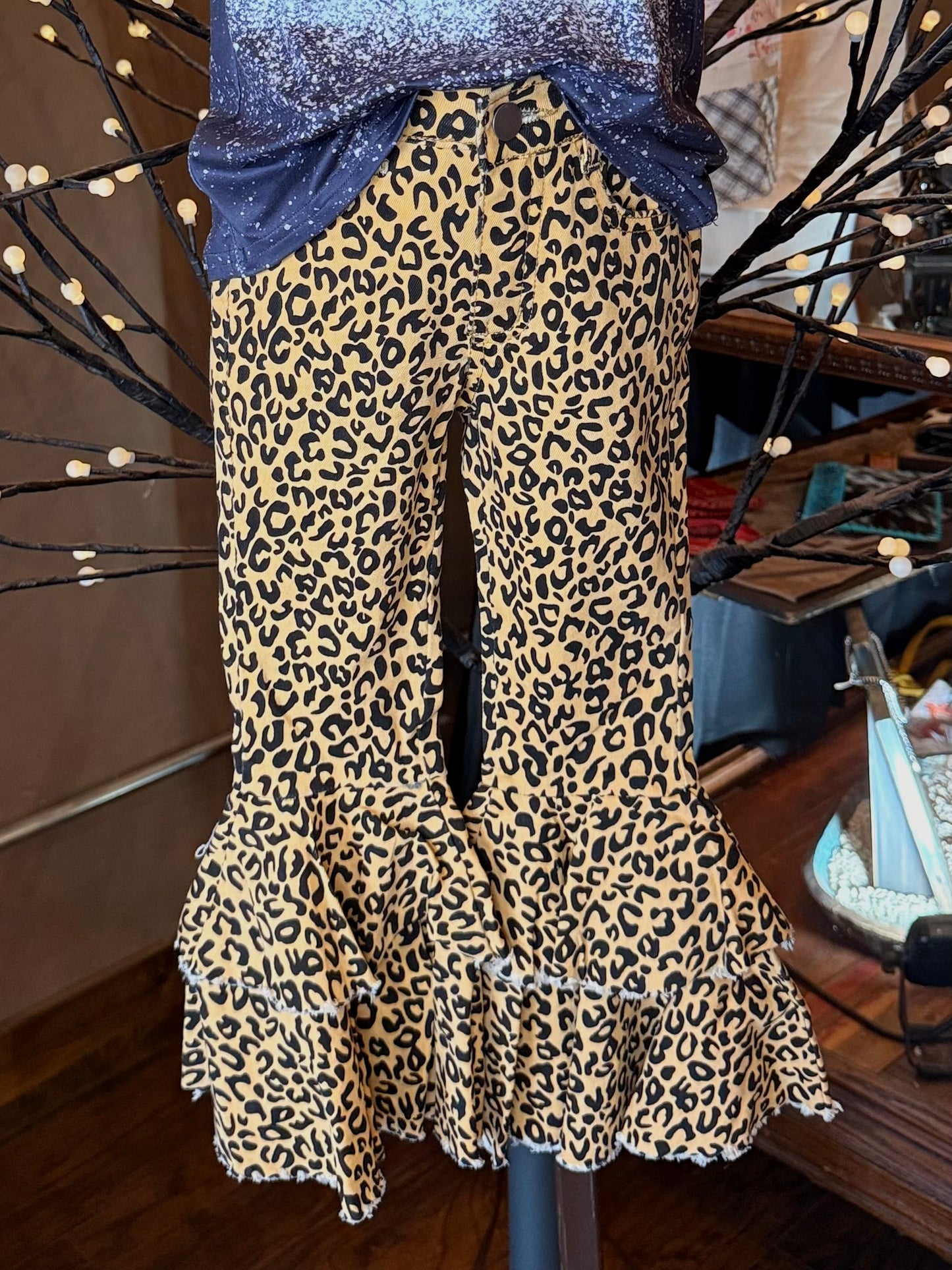 Animal Print Double Ruffle Bell Bottoms
