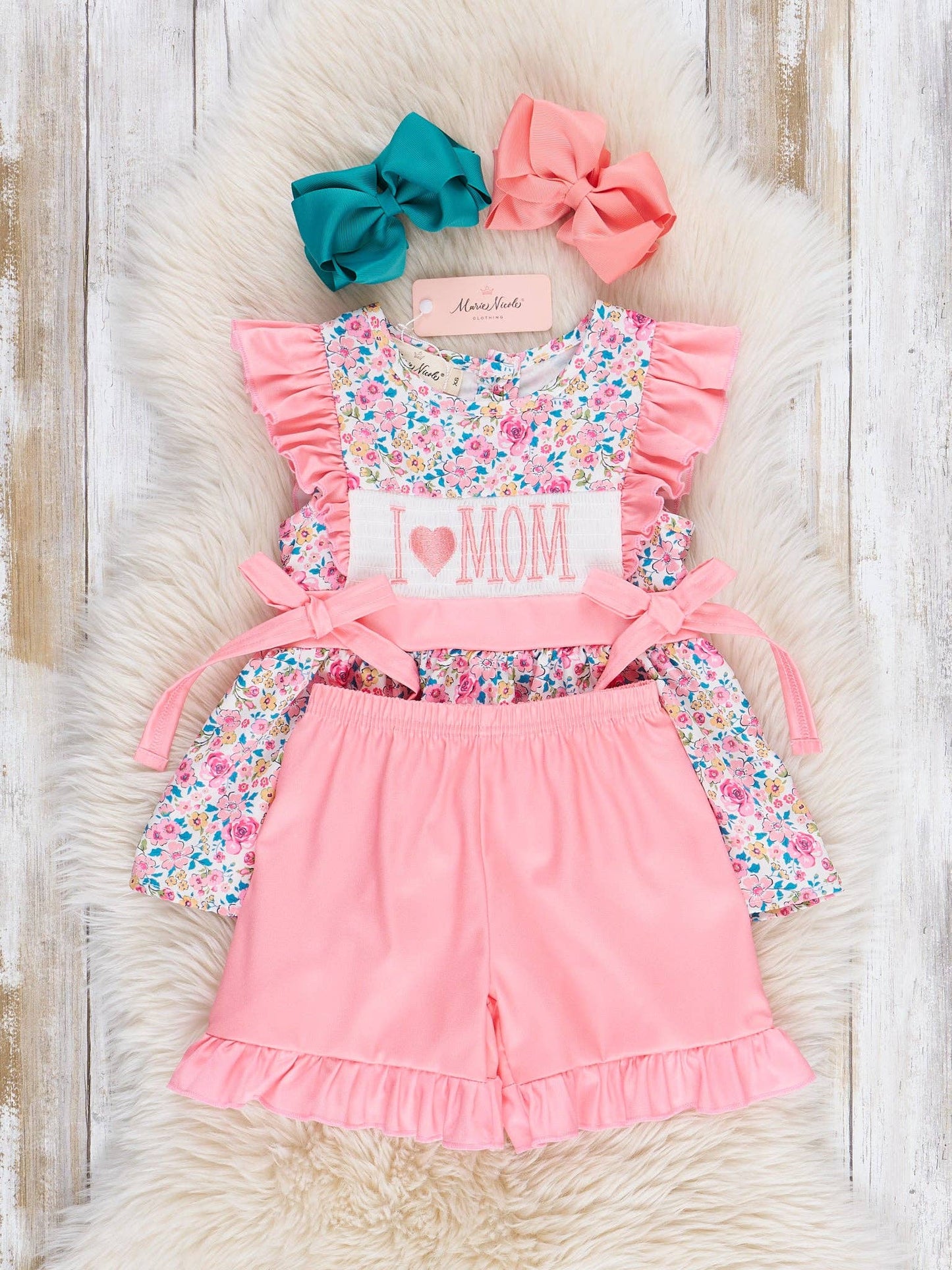 Coral Floral "I Love Mom" Smocked Outfit
