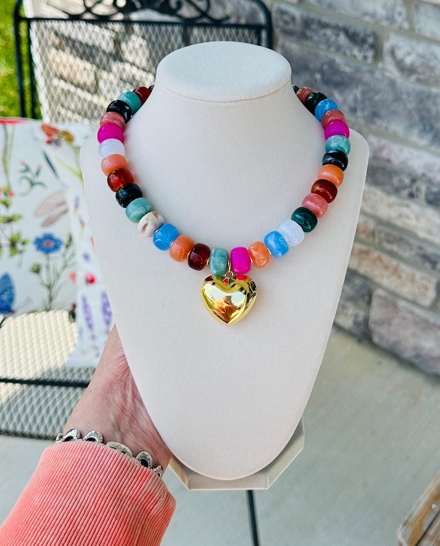 Rainbow Beaded Heart Necklace