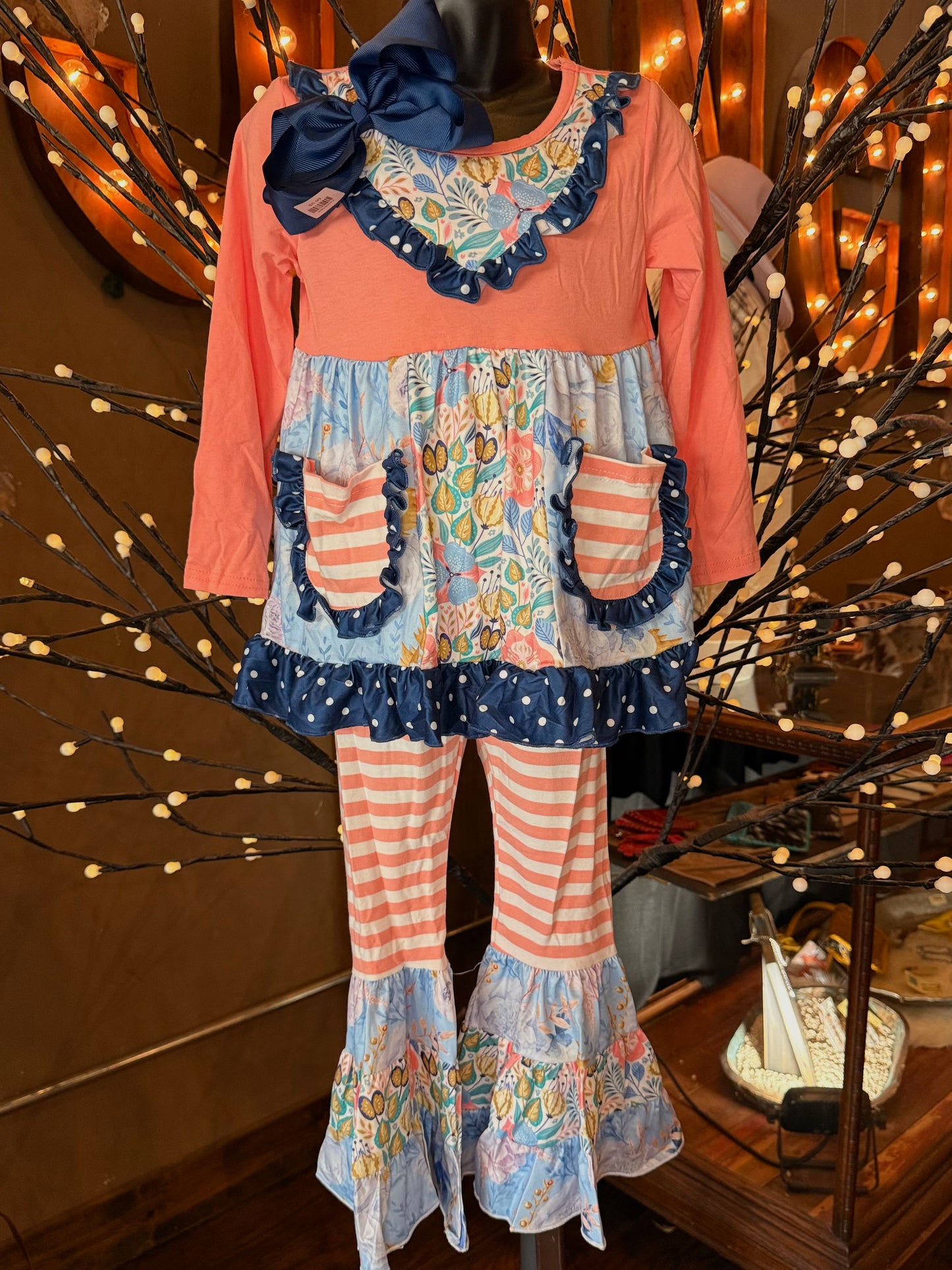 Coral & Blue Floral Stripes Bell Bottoms Set