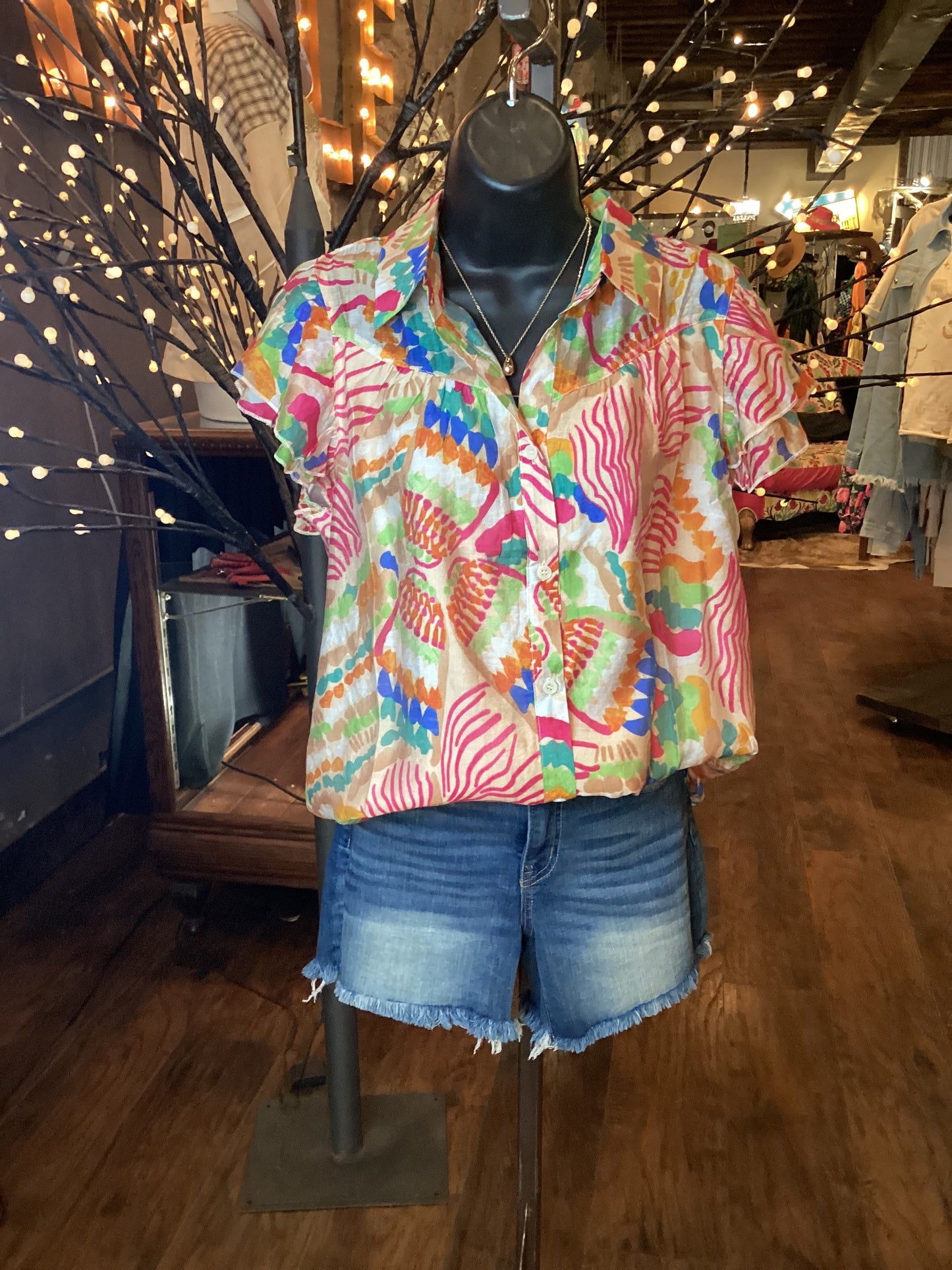 Tropical Print Top Flutter Sleeve