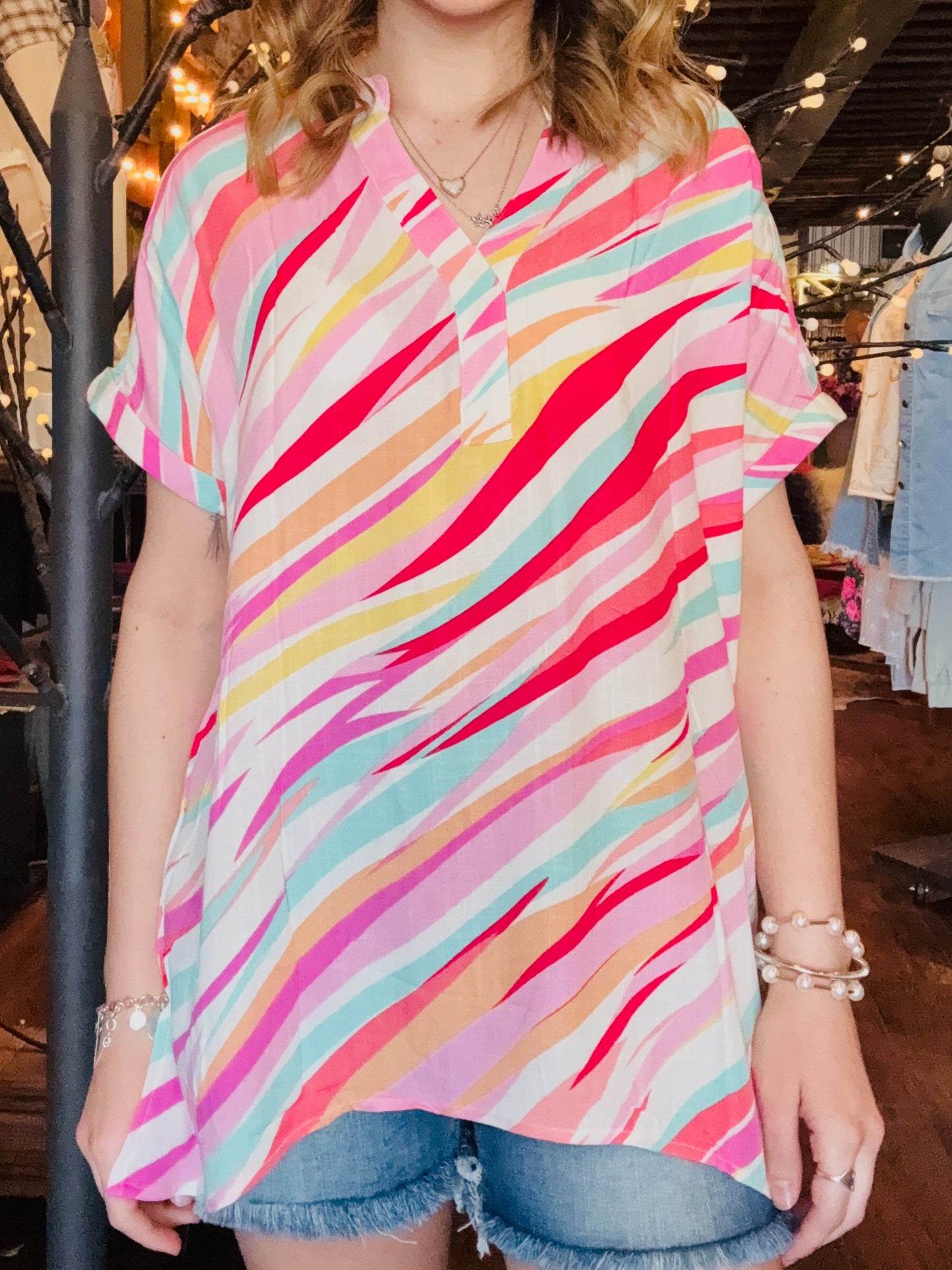 Abstract Short Sleeve V-Neck Blouse