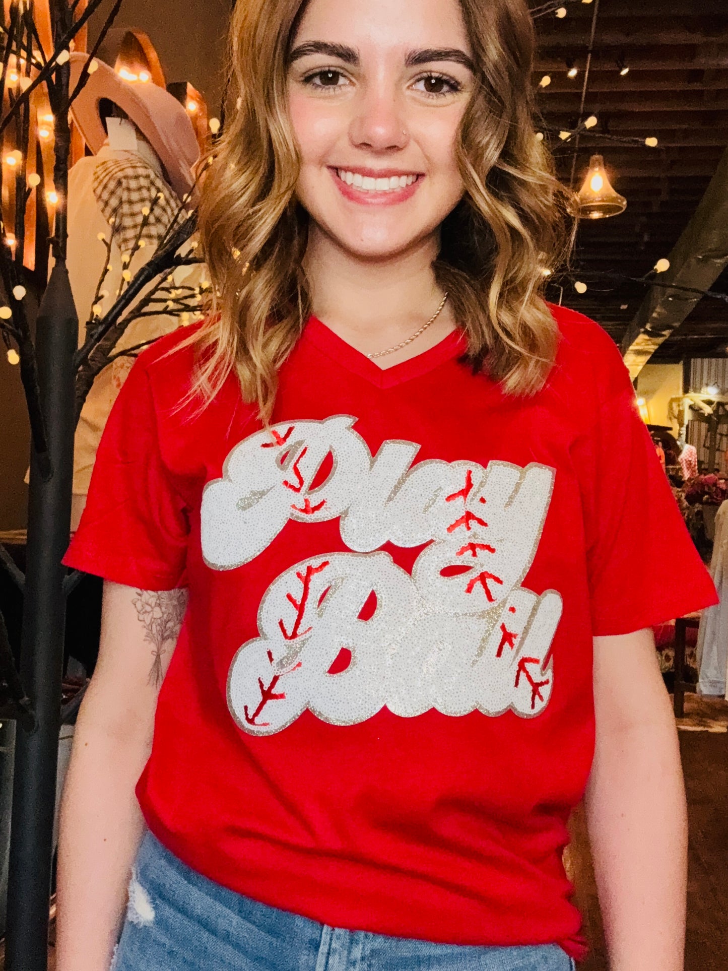 Red Play Ball Patch Baseball Tee