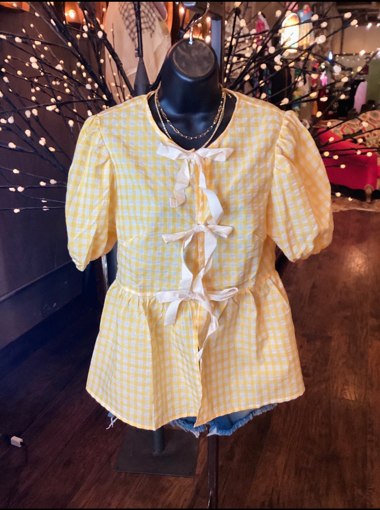 Gingham Blouse with Bows Yellow