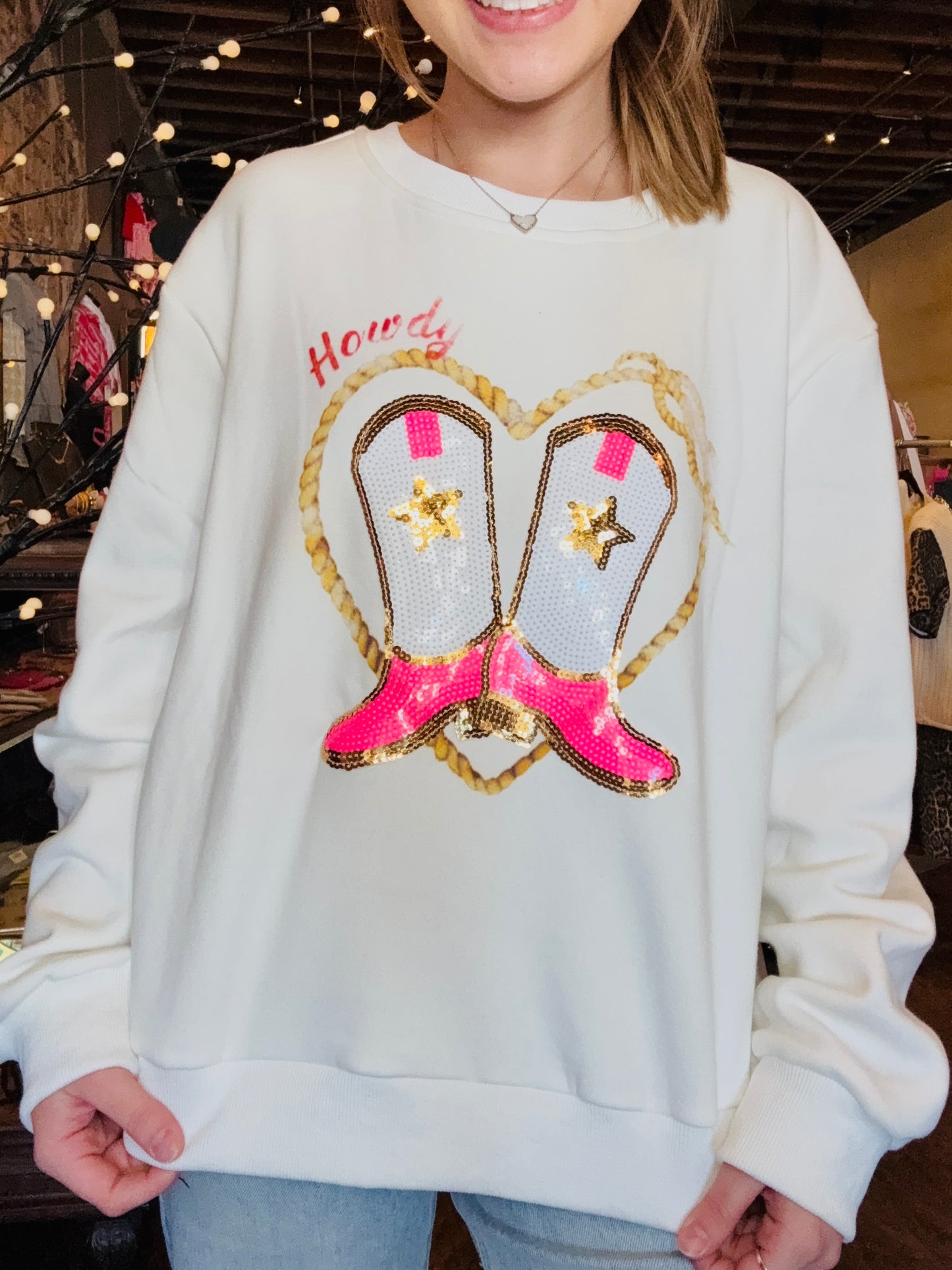 Rope Print With Sequin Boots Patch Sweater Top