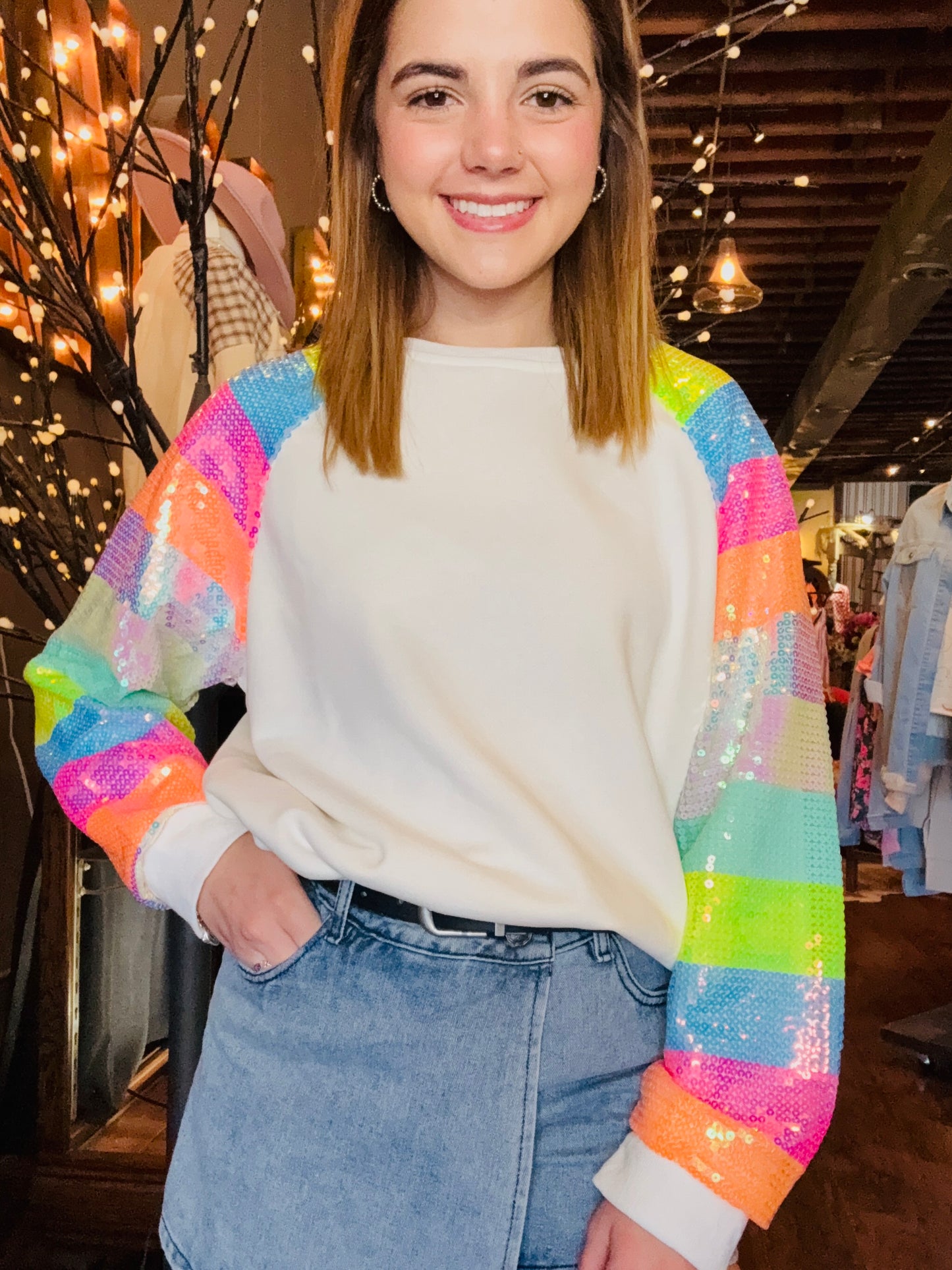Color Block Sequin Sleeves French Terry Top