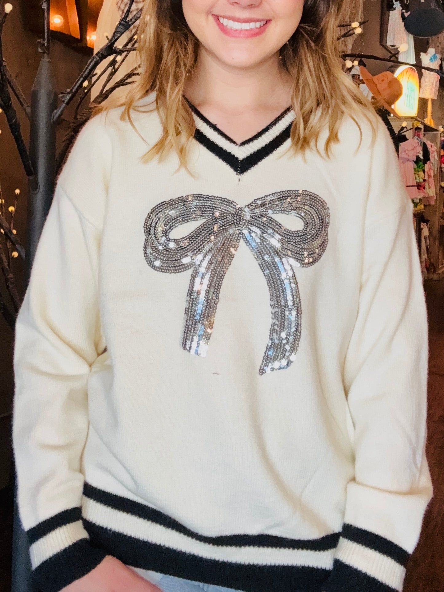 Silver sequin bow sweater