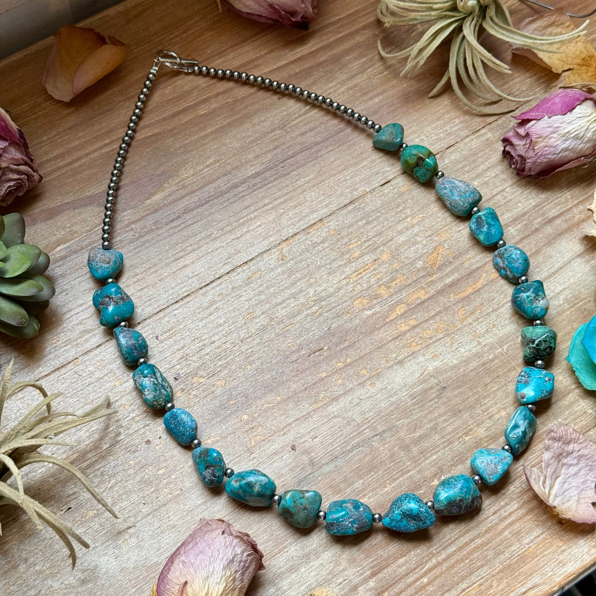 Blue Turquoise Nugget Necklace – Sterling Silver – 24”