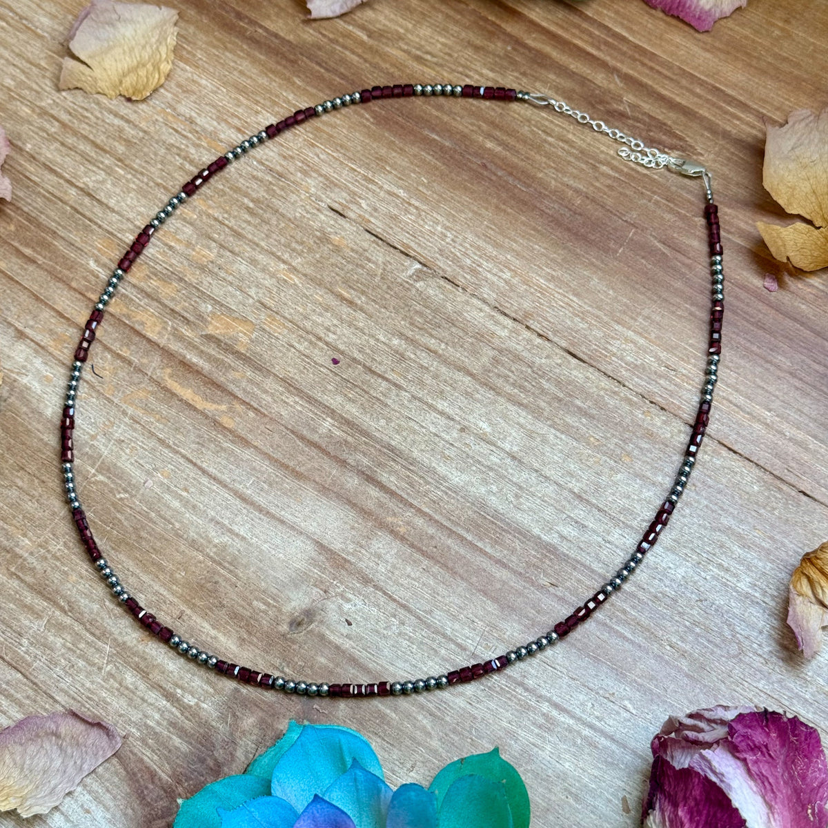 Dark Red Natural Garnet Necklace with Sterling Silver Pearls – 18.5”