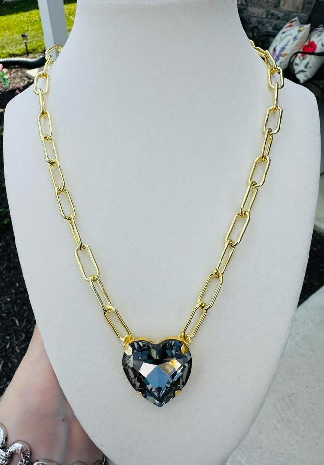 Smoky Crystal Heart Paperclip Chain Necklace