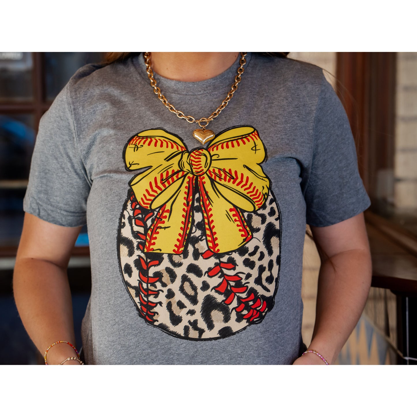 Leopard Softball with Bow - Softball Tee