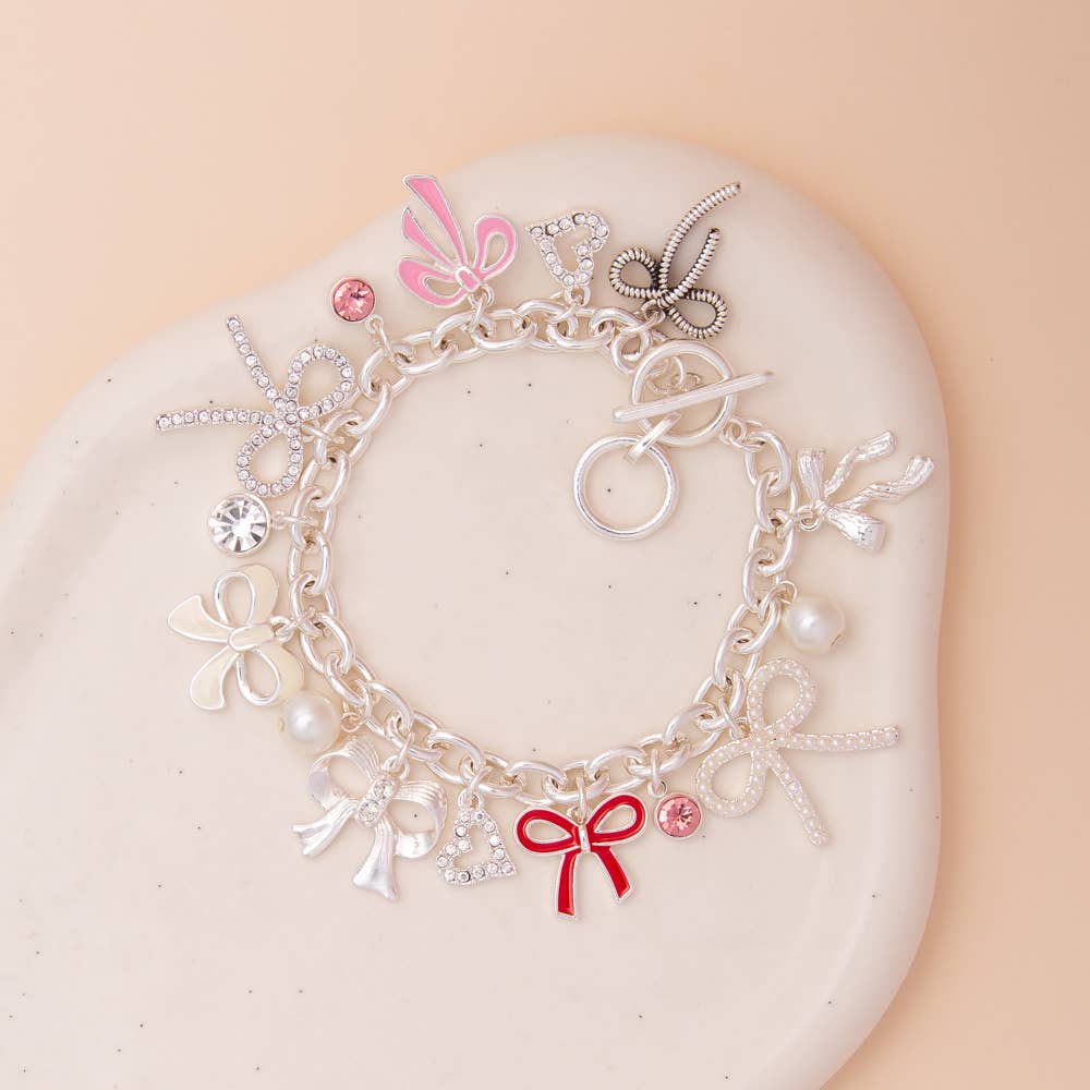 Crystal Rhinestone & Pearl Embellished Bow Charm Bracelet
