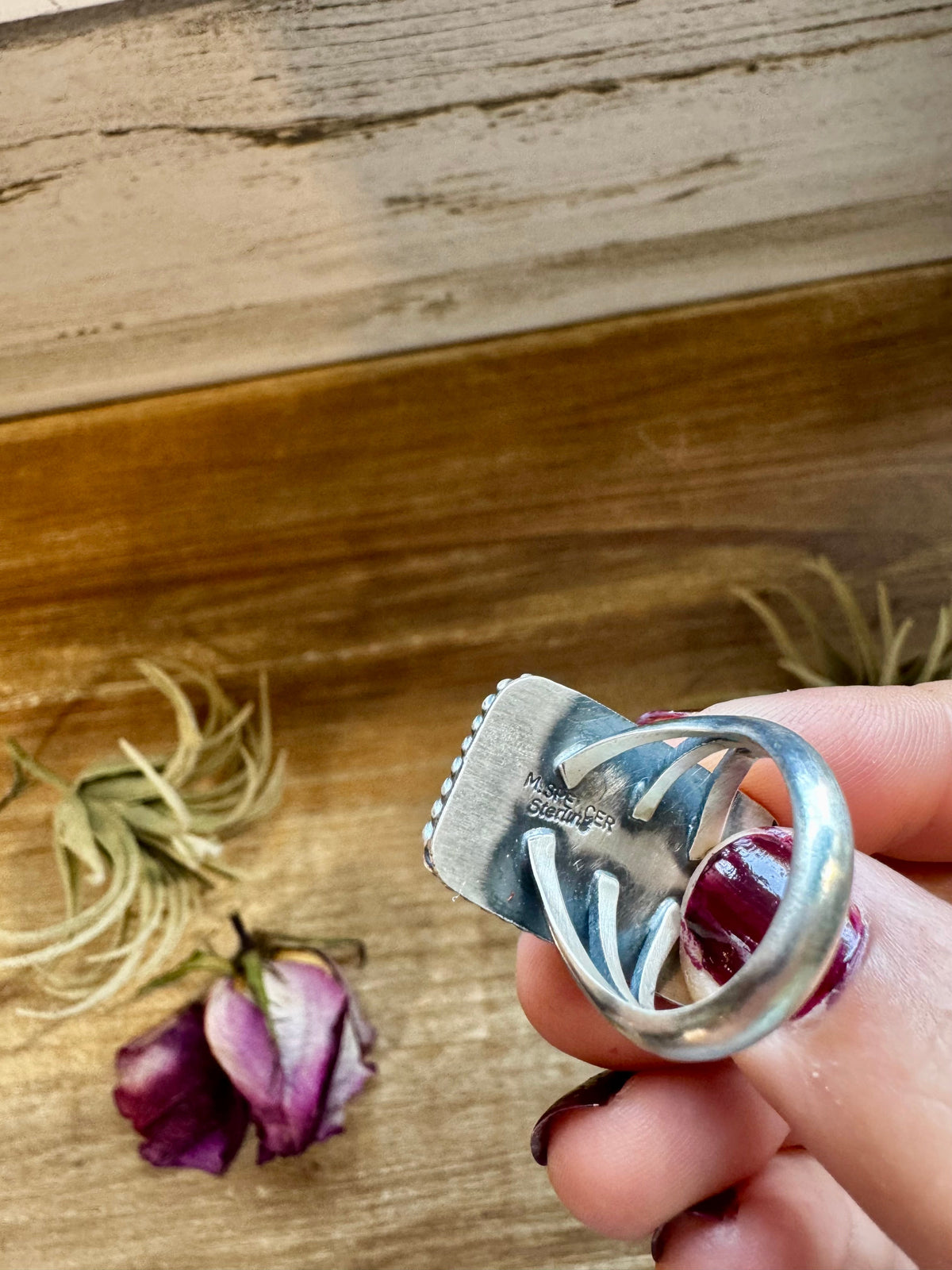 Purple Dahlia Ring – Sterling Silver – Native Made by M. Spencer – Size 8