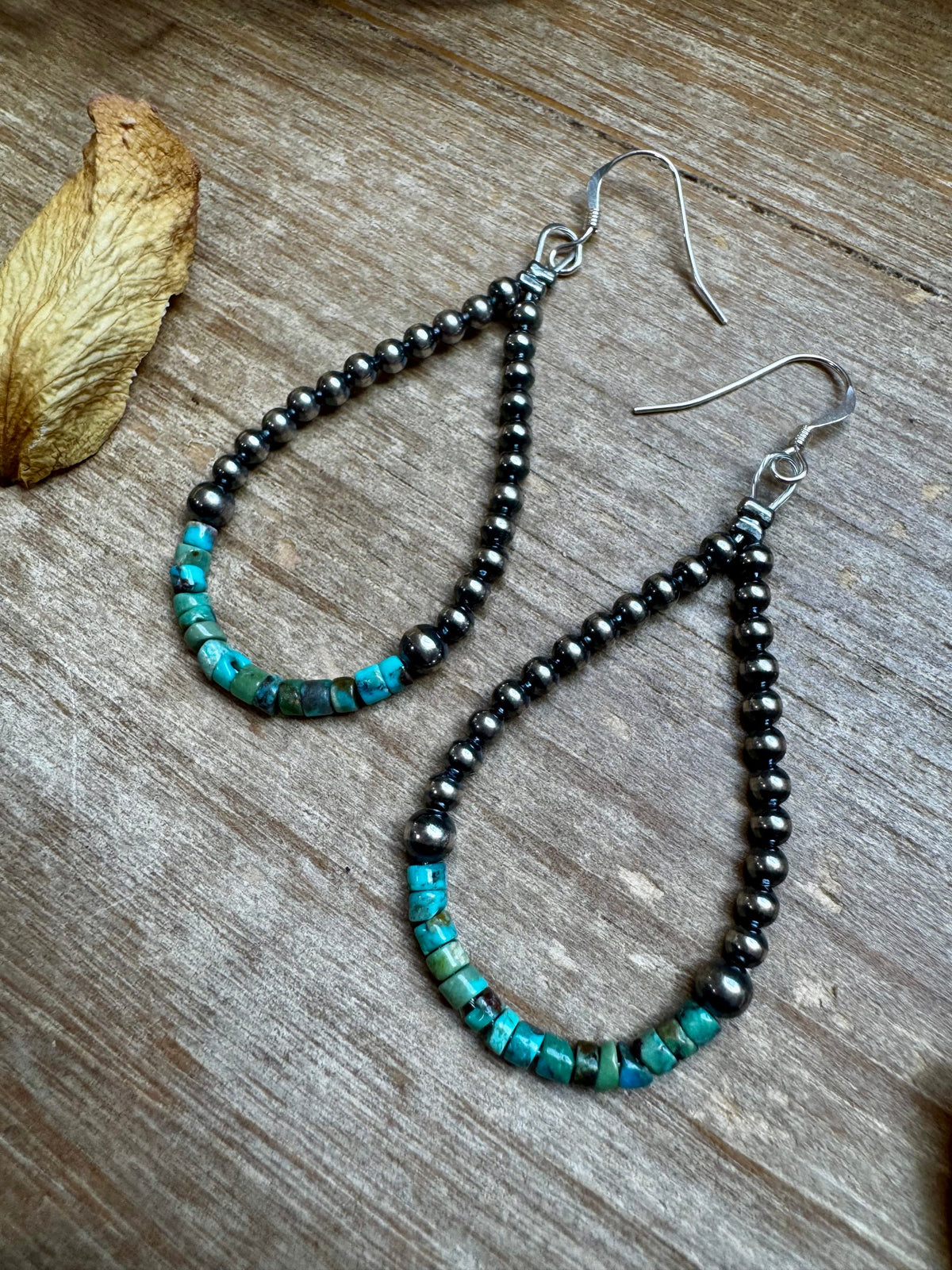 Teardrop Earrings – Sterling Silver Pearl & Blue Turquoise Heishi