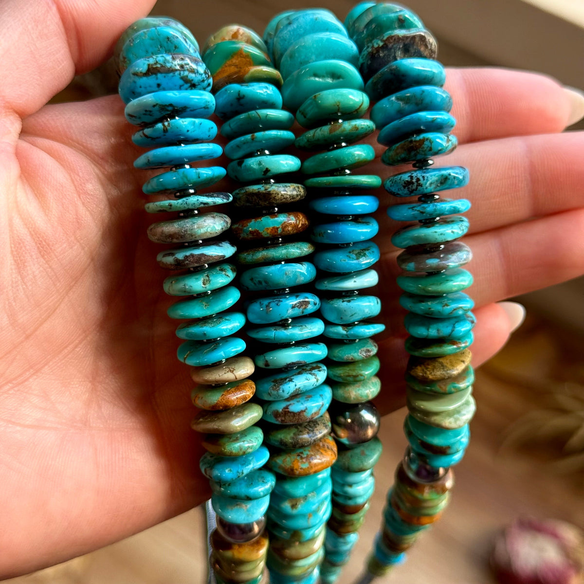 23” Tri Color Turquoise Graduated Necklace – Sterling Silver & Hematite