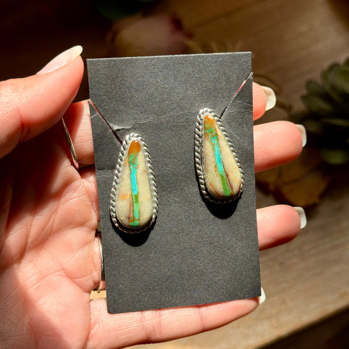 15 - Sterling Silver Ribbon Royston Turquoise Stud Earrings by Jason Ogg