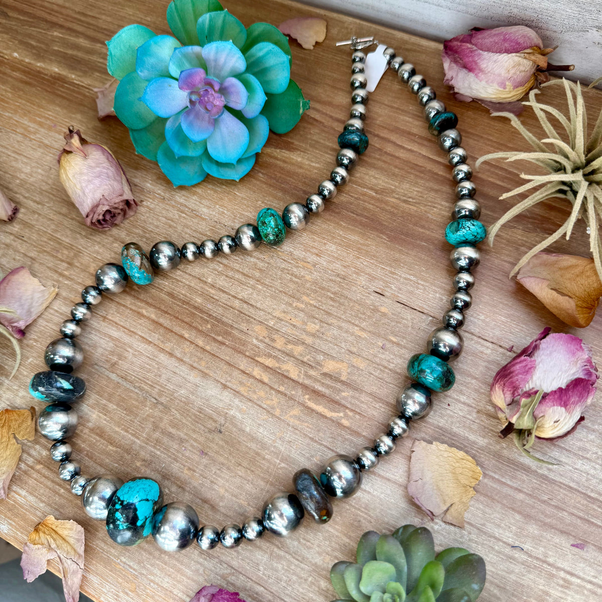 29” Massive Turquoise Rondelle Necklace – Sterling Silver Pearls