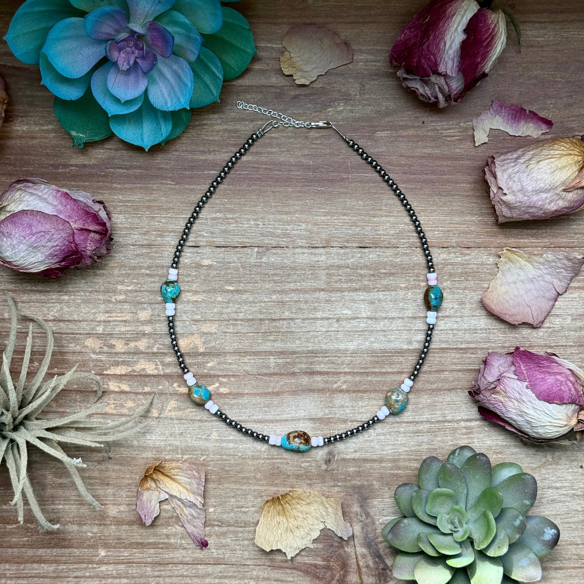 15” Pink Conch & Turquoise Necklace – Sterling Silver