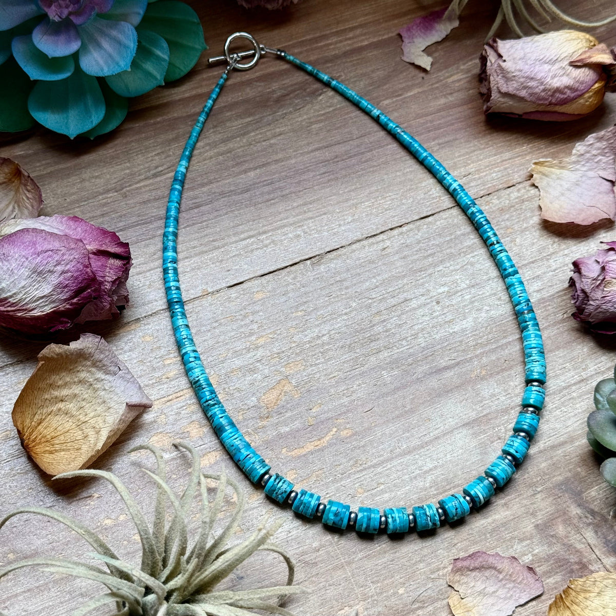 19” Graduated Turquoise Heishi Necklace – 5mm Saucers