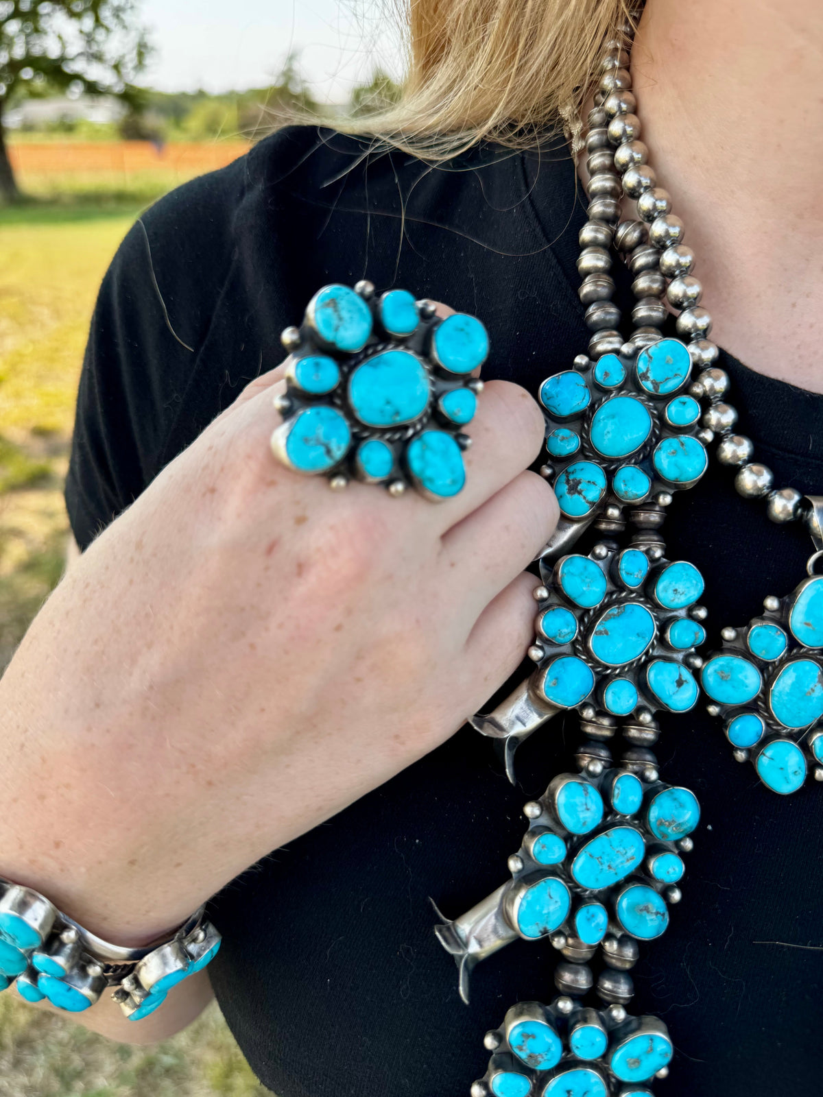 Complete Squash Blossom Set – Kingman Turquoise – Sterling Silver – Navajo Made by Wilson Dawes