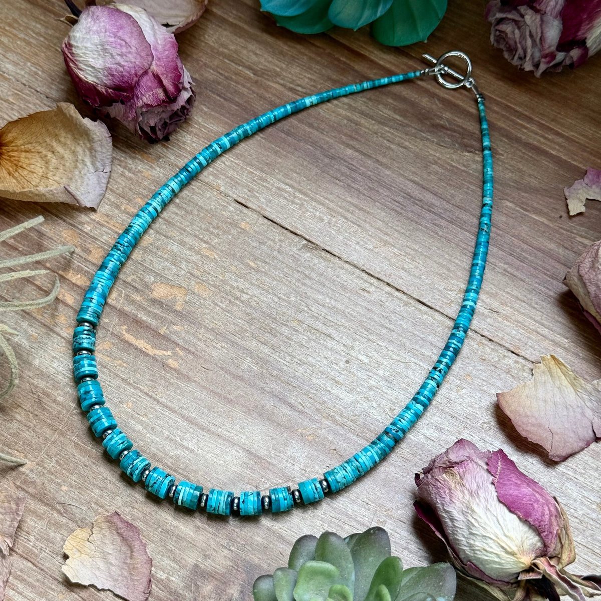 19” Graduated Turquoise Heishi Necklace – 5mm Saucers