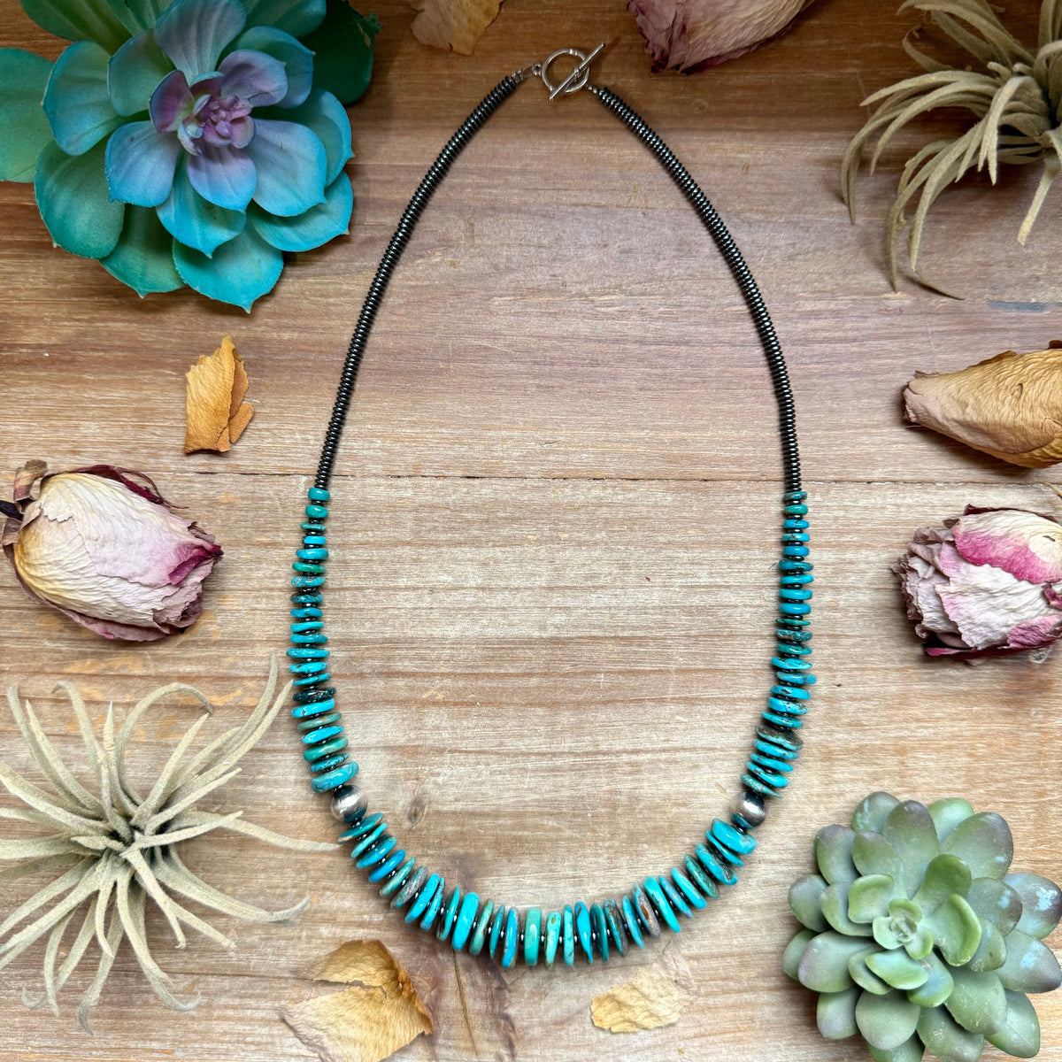 Dark Blue Turquoise Graduated Necklace with Hematite & Sterling Silver Accents – 23”