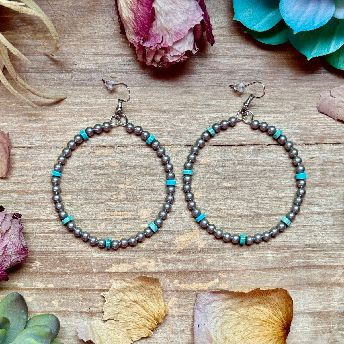 Silver Plated & Blue Variscite Turquoise Hoop Earrings – 4mm Beads