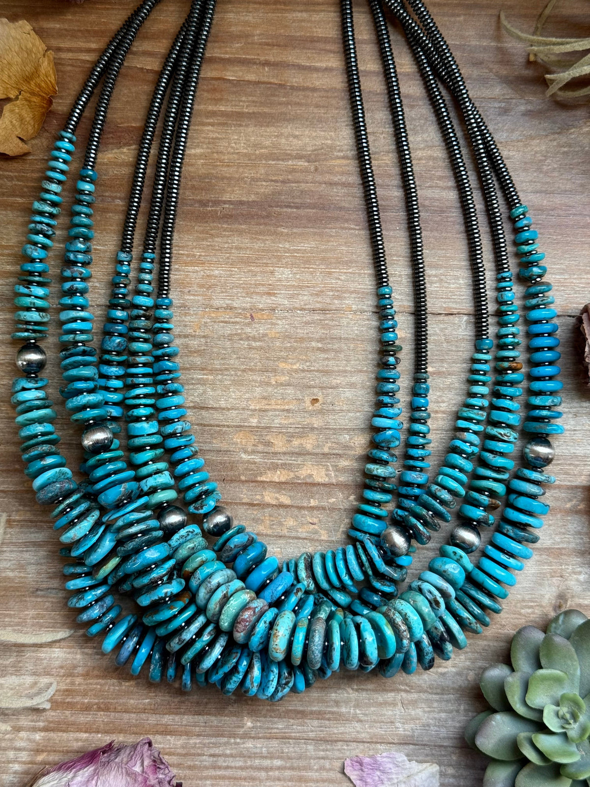 Dark Blue Turquoise Graduated Necklace with Sterling Silver Pearls & Hematite – 23”