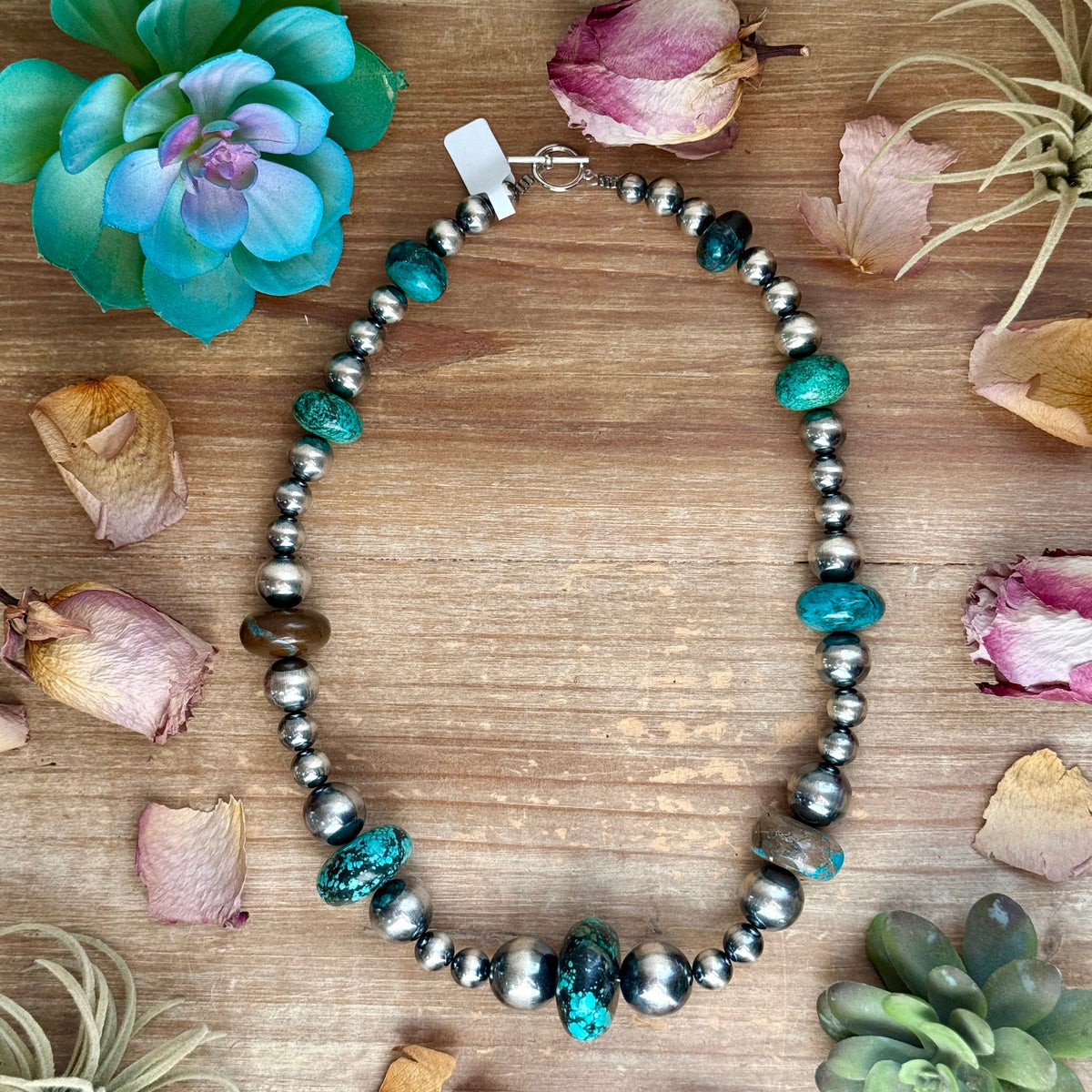 22” Massive Turquoise Rondelle Necklace – Sterling Silver Pearls