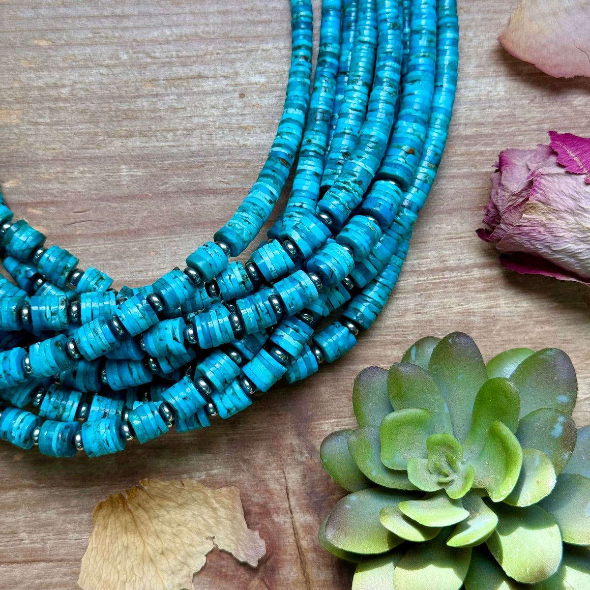 19” Graduated Turquoise Heishi Necklace – 5mm Saucers