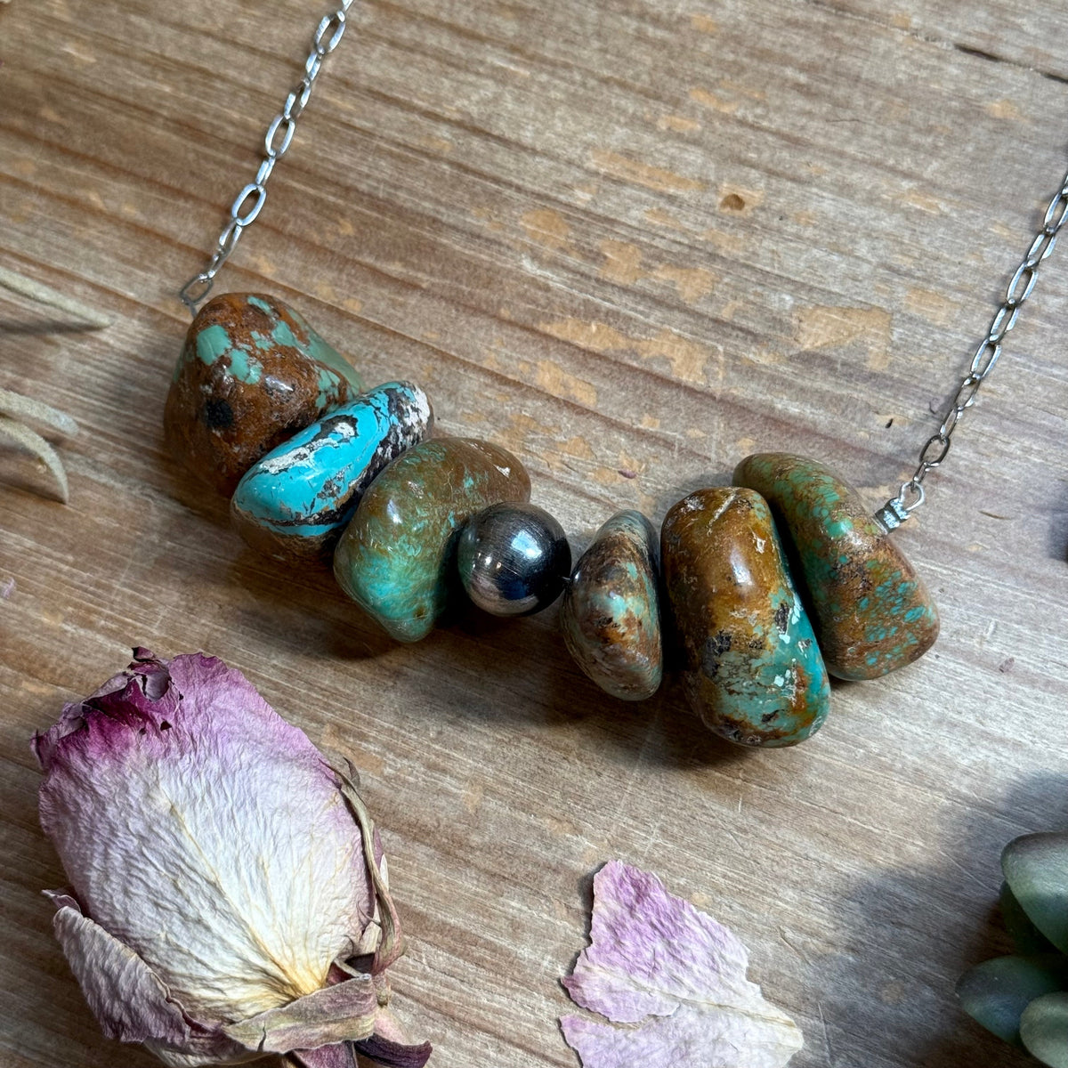 16” Chunky Turquoise Paperclip Necklace – Sterling Silver Center