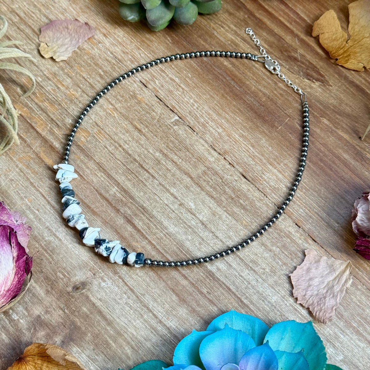 14” White Buffalo Choker – Sterling Silver Pearls