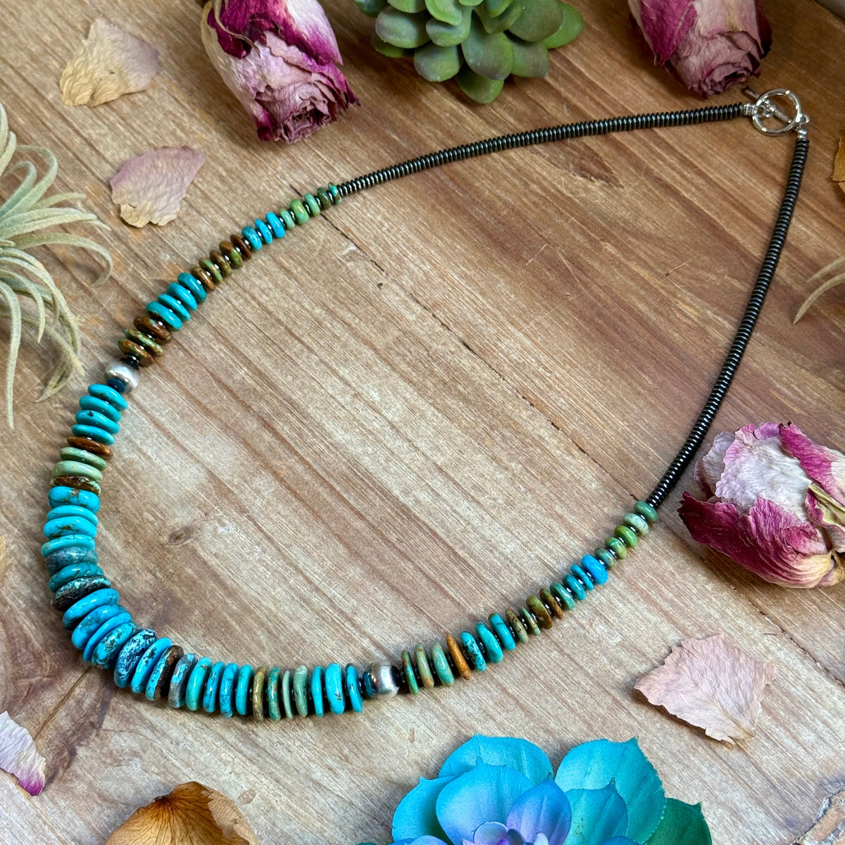 23” Tri Color Turquoise Graduated Necklace – Sterling Silver & Hematite