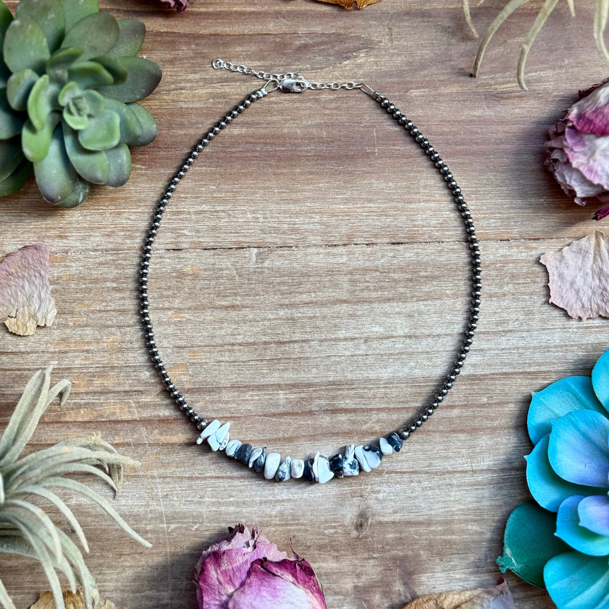 14” White Buffalo Choker – Sterling Silver Pearls