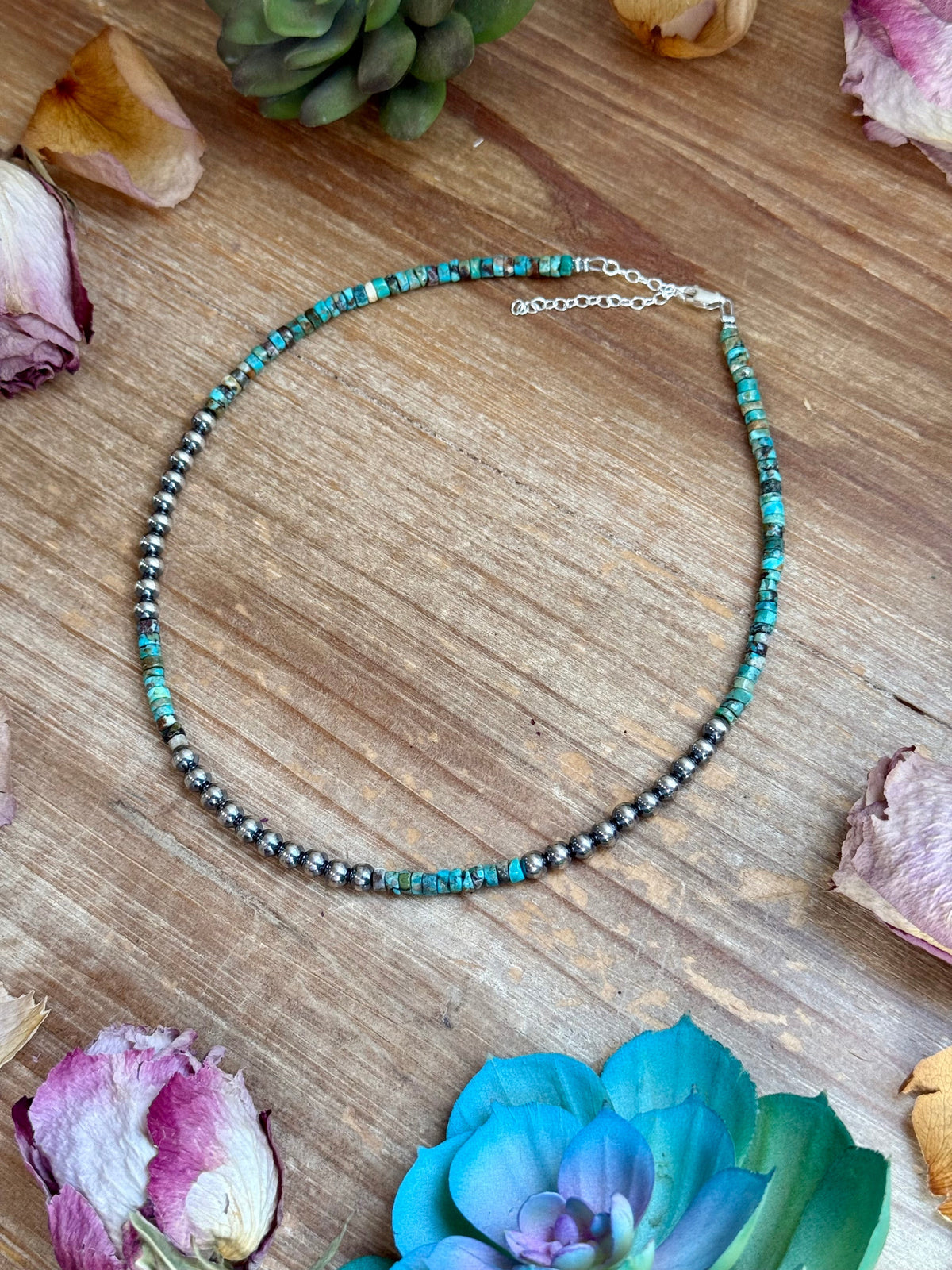 15” Heishi Turquoise Necklace – 4mm Turquoise & 5mm Sterling Silver Pearls