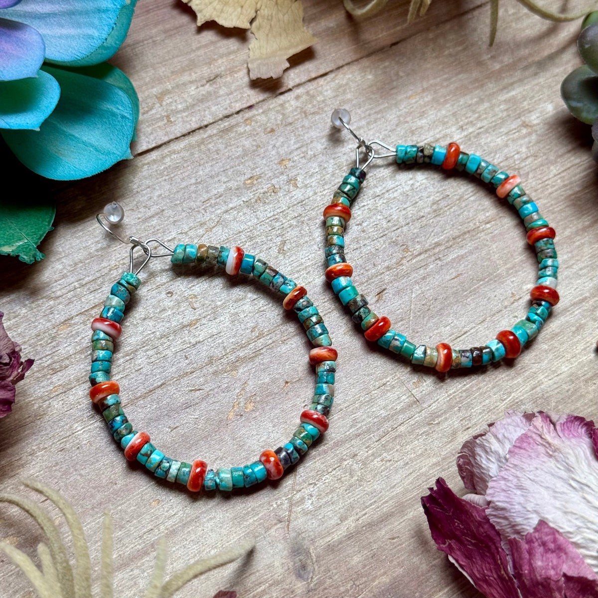 Turquoise & Spiny Oyster Hoop Earrings
