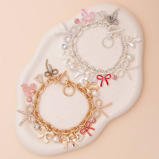 Crystal Rhinestone & Pearl Embellished Bow Charm Bracelet