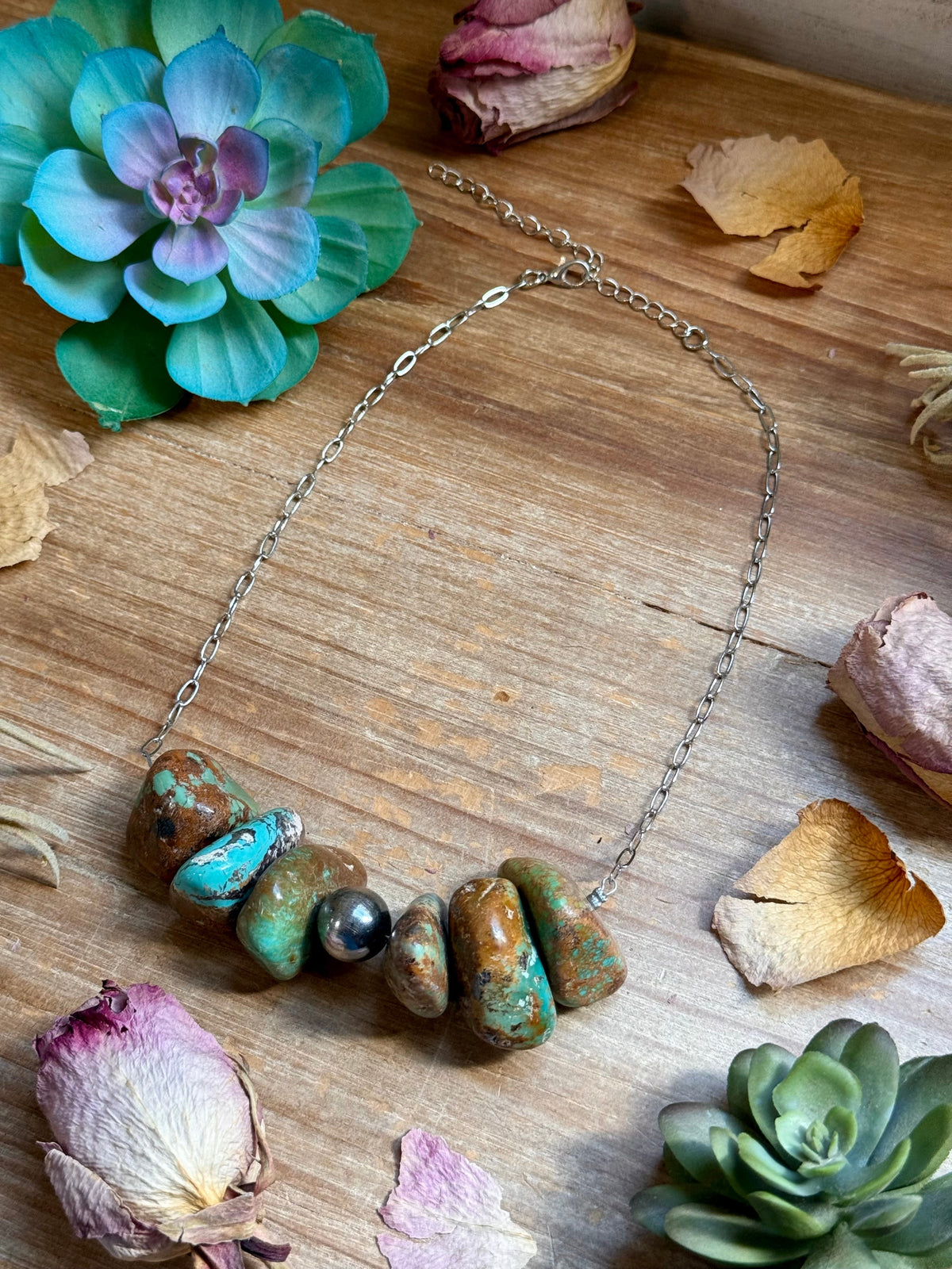 16” Chunky Turquoise Paperclip Necklace – Sterling Silver Center
