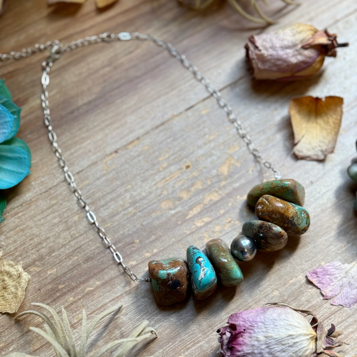 16” Chunky Turquoise Paperclip Necklace – Sterling Silver Center