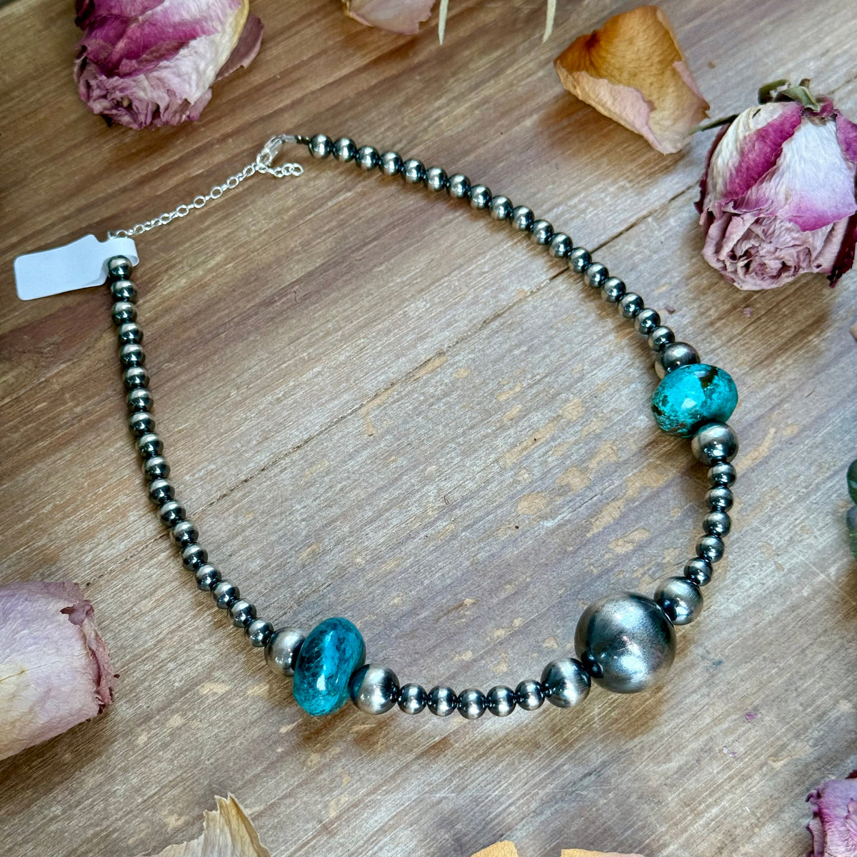 15” Turquoise Rondelle Necklace – Sterling Silver Pearls
