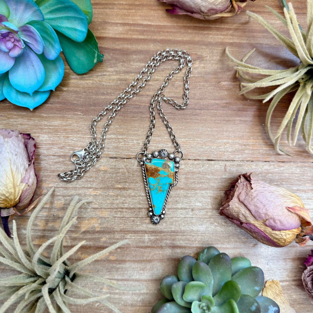 106 - Sterling Silver Kingman Turquoise Lightning Bolt Fixed Chain Necklace by Jason Ogg