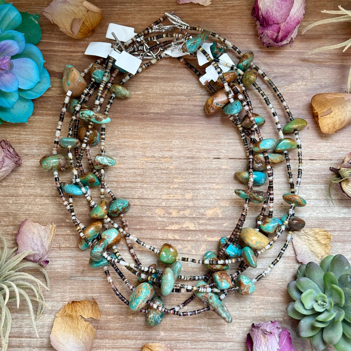 22” Chunky Turquoise & Dark Brown Shell Heishi Necklace